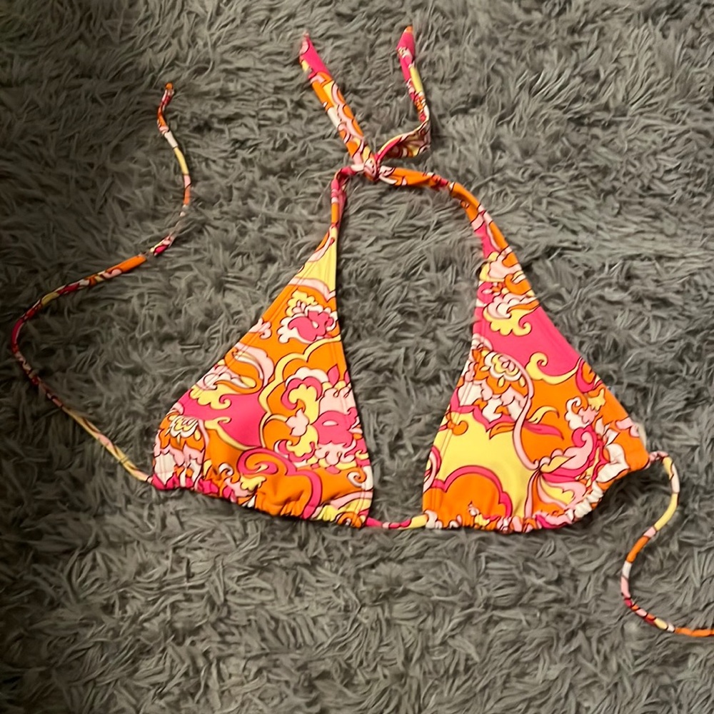 Hot Water triangle string bikini top Medium Orange yellow and pink